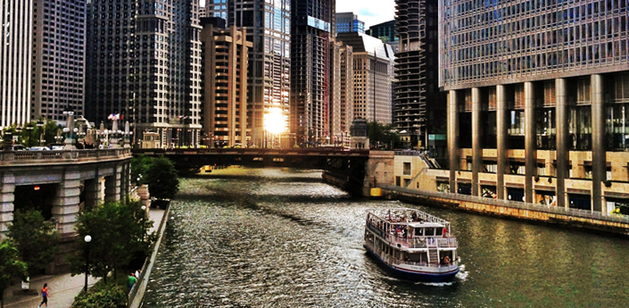 The Chicago River at sunset
