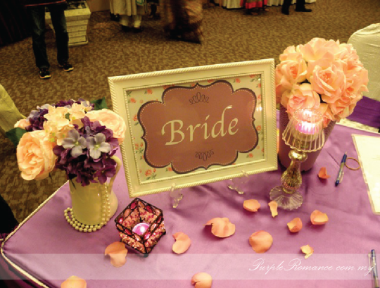 reception table decoration, purple & white theme, hydrangea, roses, petals, candles, registration, package, malaysia, kuala lumpur, selangor