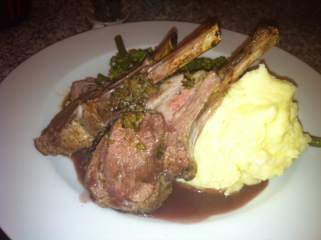 RiseandDine Herbcrusted rack of lamb with red wine sauce and mustard mash