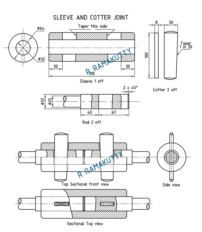 Machine Drawing Sleeve and cotter joint & Socket and spigot joint