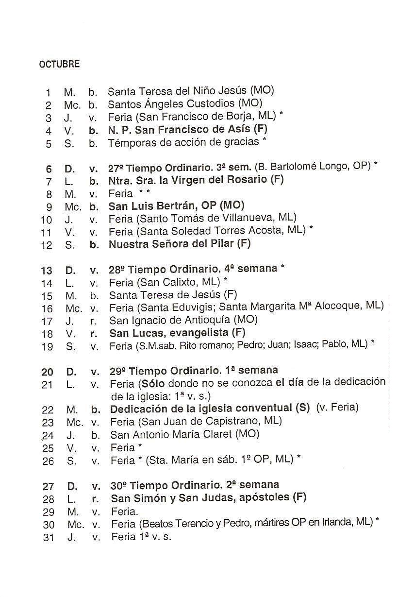 Santoral Dominicano Calendario Liturgico Octubre 2013
