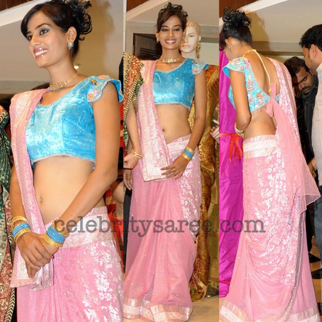 Peach Tissue Saree with Back Less Blouse