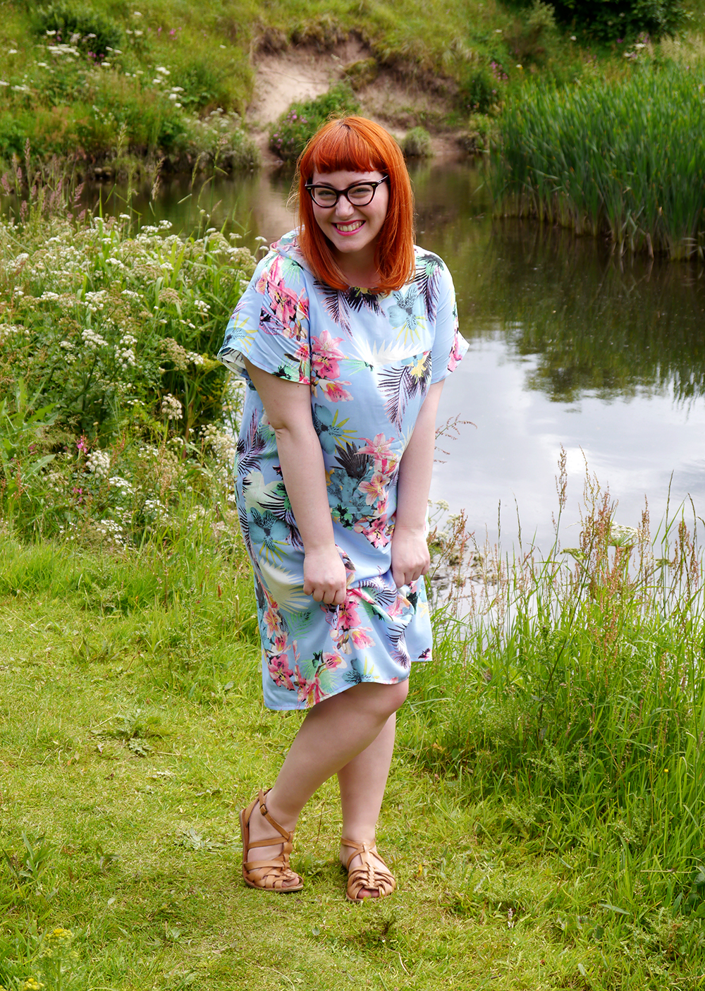 DIY Tropical Dress summer style, tropical style, beach style, DIY dress, dressmaking, Styled by Helen: Tropical, red head, ginger, Topshop sandals, pink blazer, Tom Pigeon earrings, Scottish blogger