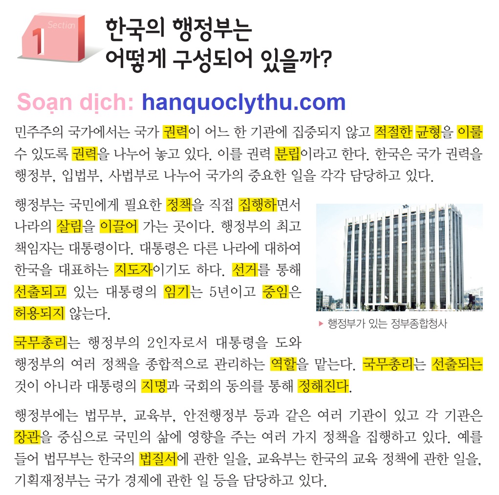 [KIIP lớp 5 - Dịch tiếng Việt] Bài 22. 한국의 정부형태 Hính thái chính phủ Hàn Quốc
