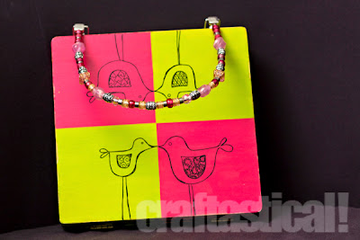 wooden box purse with hand-drawn doodled birds and beaded handle--cute pink and green!