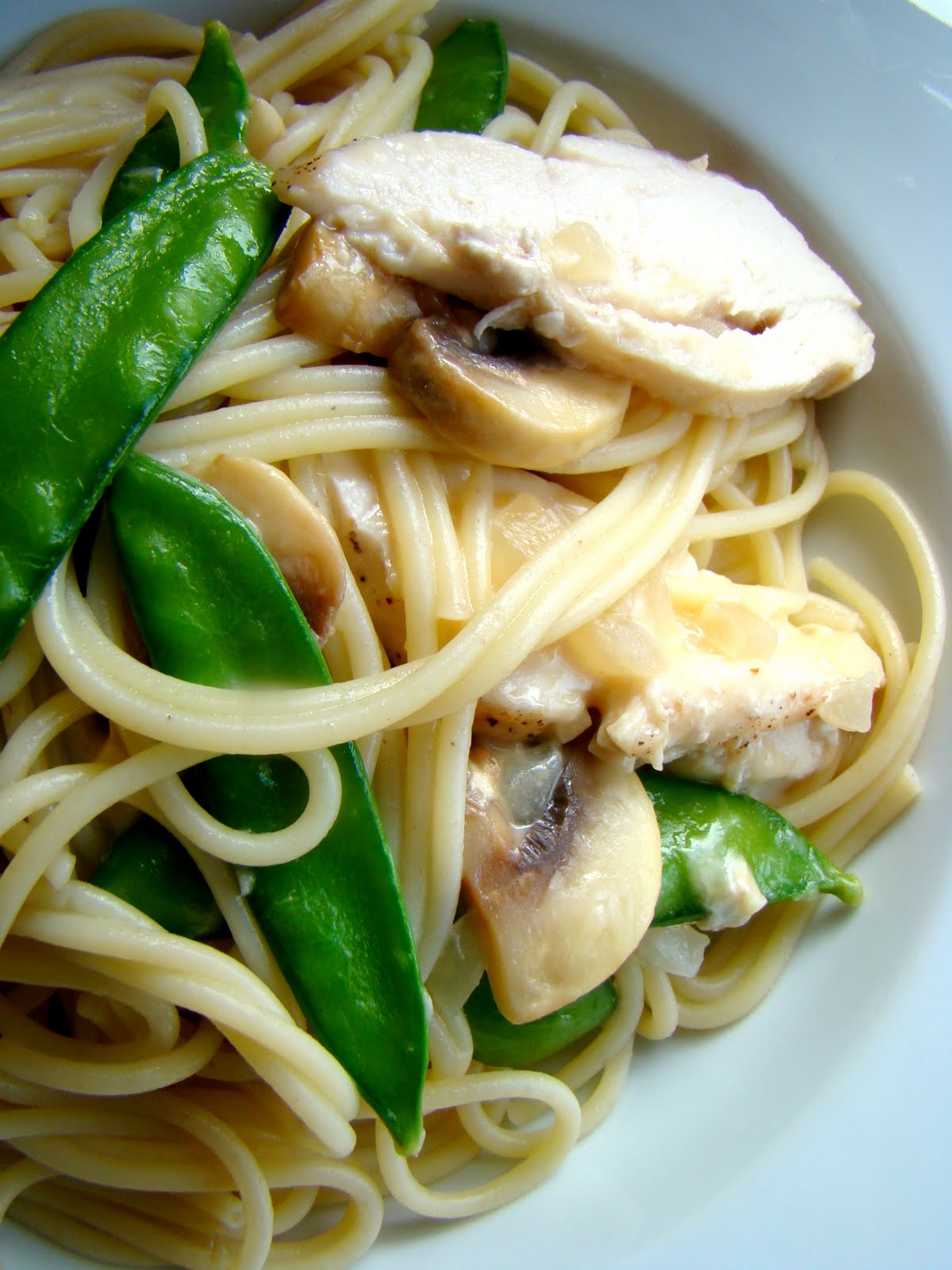 Spaghetti with chicken in white wine parmesan sauce