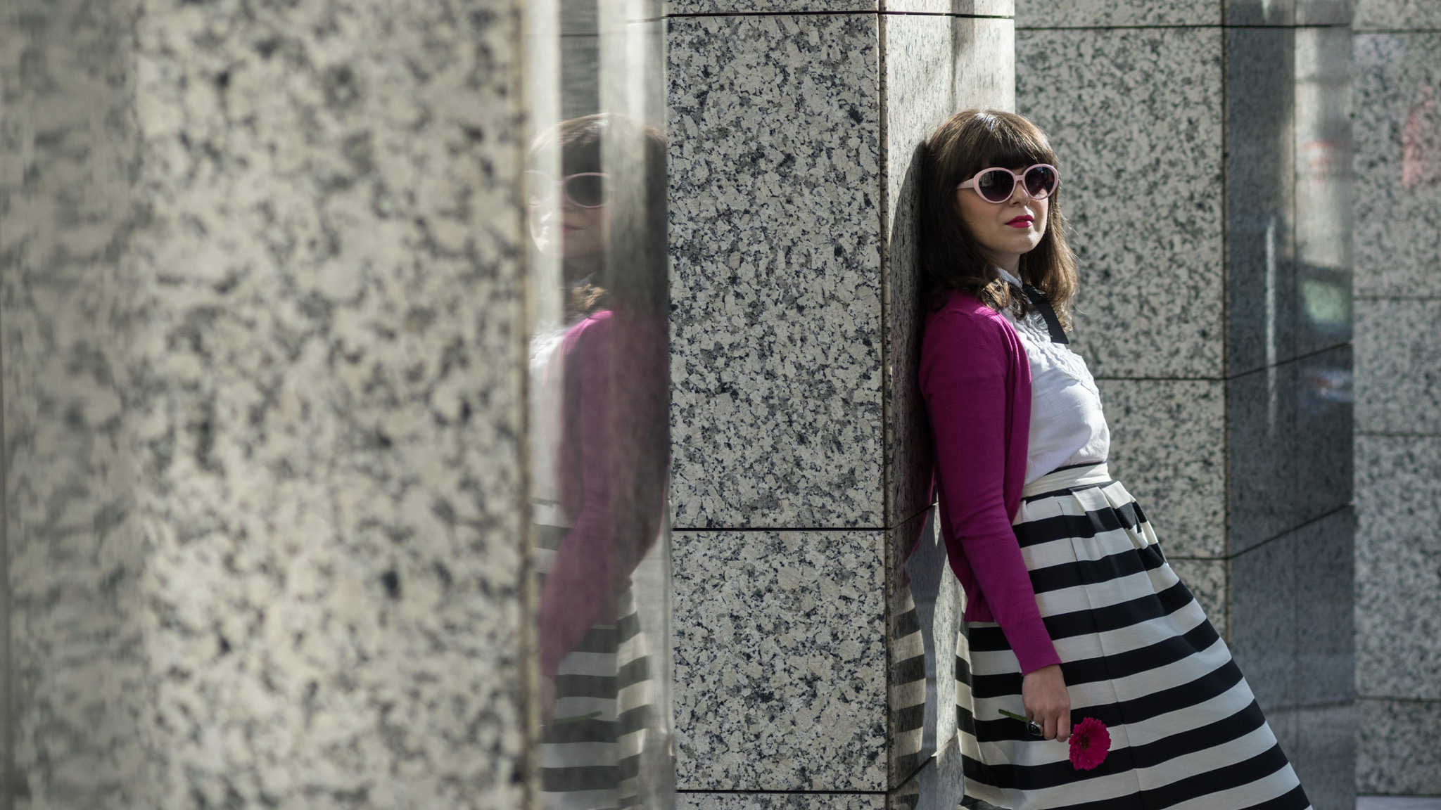 black & white outfit with stripes and pops of pink and fuchsia white shirt black bow tie fuchsia shoes heels sweater C&A striped midi skirt stripes pink thrifted trench black clutch pink cat eye glasses