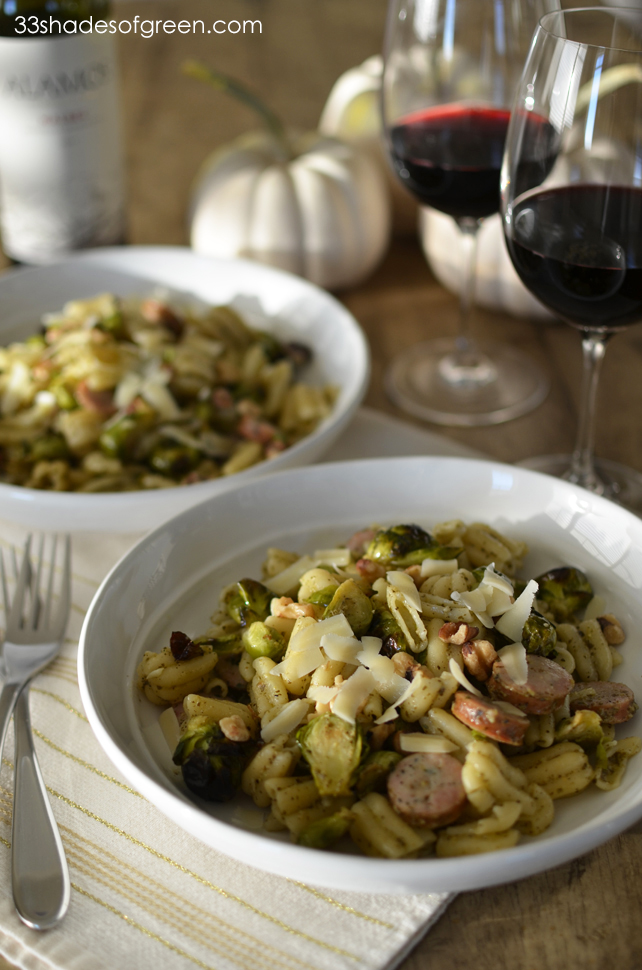 33 Shades of Green Pasta with Brussels Sprouts, Chicken Sausage, and Pesto