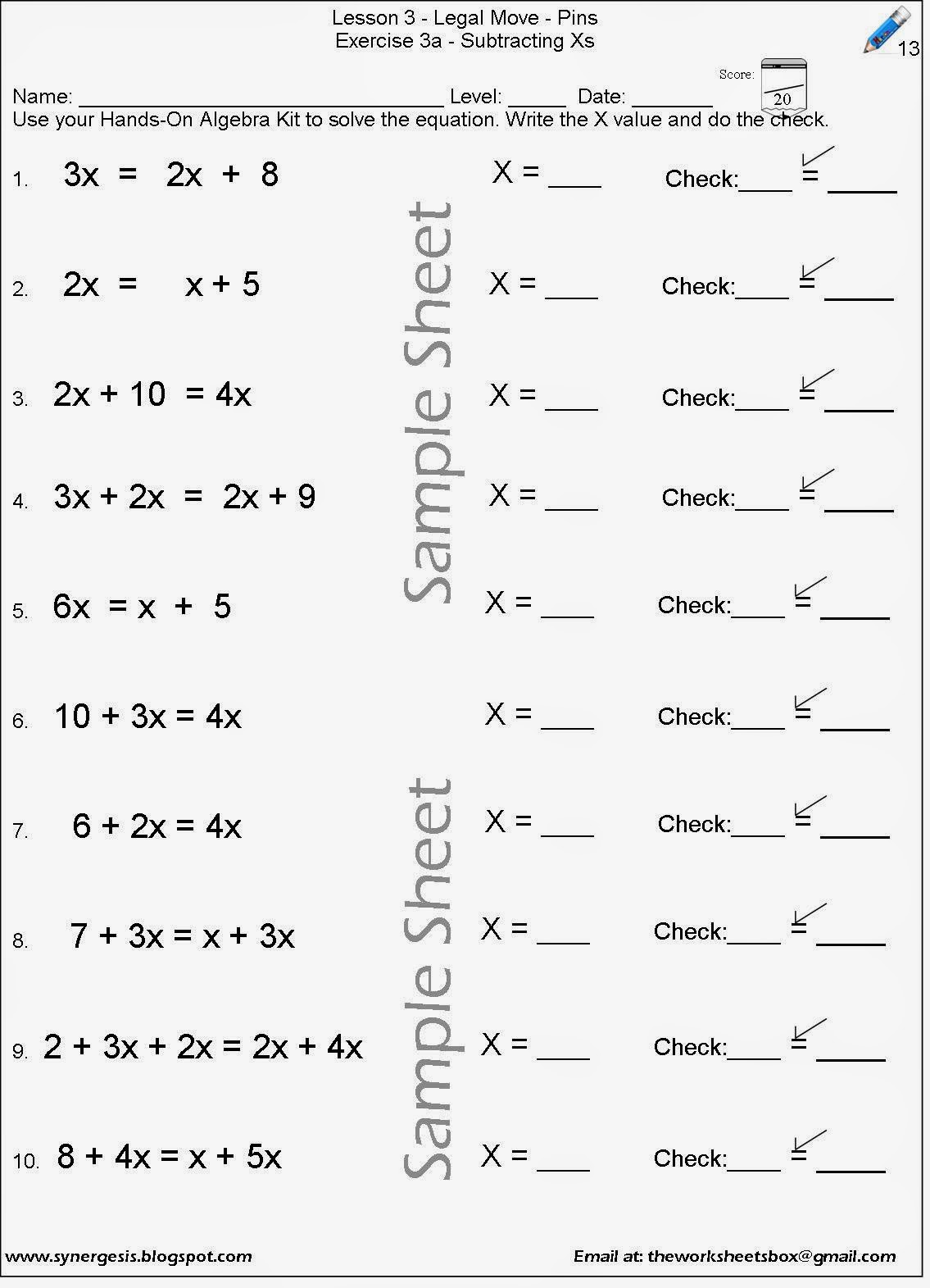 The Worksheets Box: Algebra In Hands On Equations Worksheet