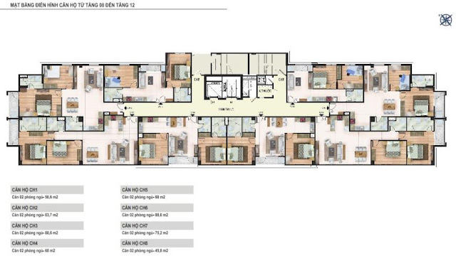 Hình ảnh mặt bằng điển hình căn hộ từ tầng 08 đến tầng 12 chung cư Yên Hòa Condominium