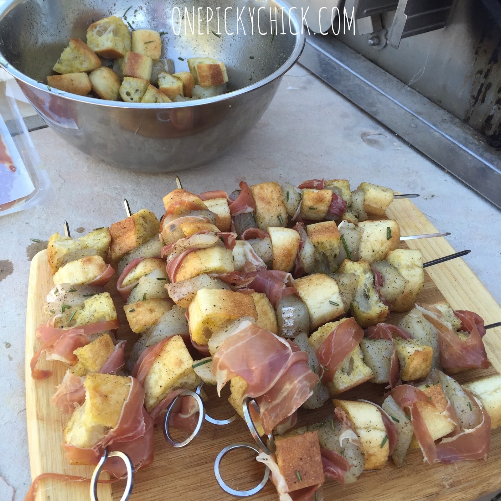 Grilled Halibut/Prosciutto/Bread Kebabs One Picky Chick