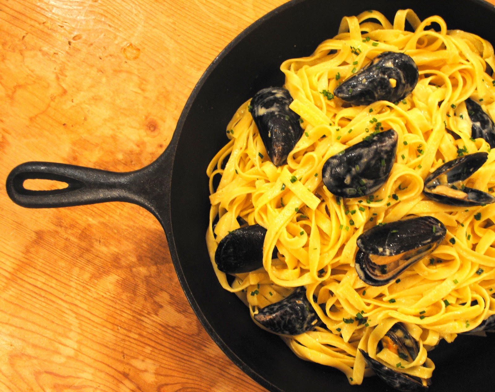 Dorm Room Dinner Fettucini with Mussels and Saffron Cream Sauce
