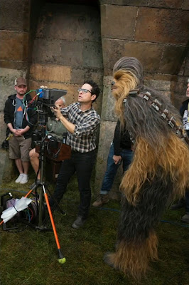 J.J. Abrams and Chewbacca on the set of Star Wars Episode VII: The Force Awakens