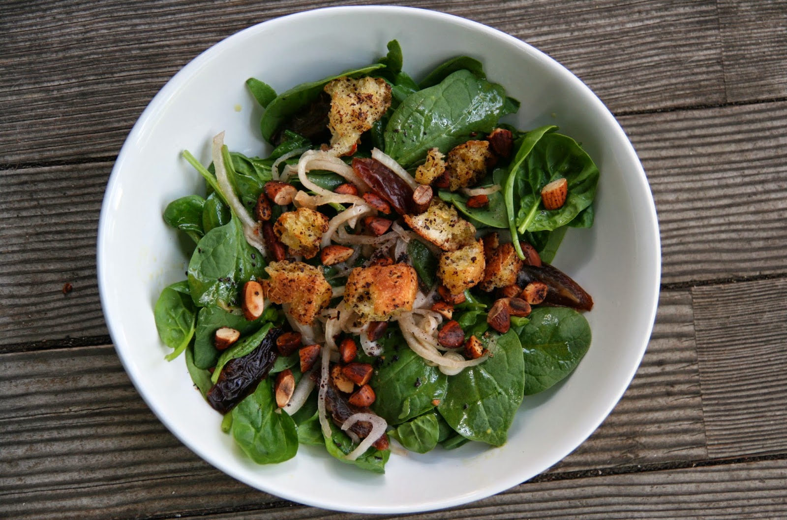 Spinach Salad with Bread, Dates and Almonds Recipe mostly foodstuffs