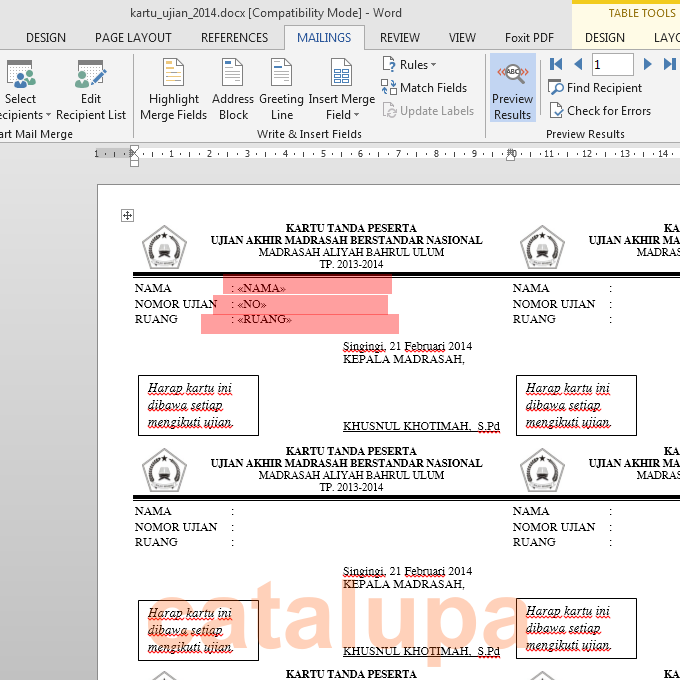 Membuat Kartu Peserta Dengan Mail Merge | mail merge membuat kartu peserta ujian catalupa Membuat Kartu Peserta Dengan Mail Merge | mail merge membuat kartu peserta ujian catalupa