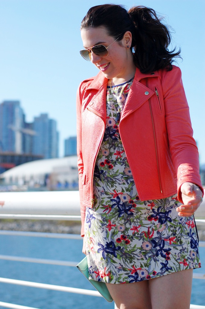 Forever 21 floral print dress and coral leather jacket theory by Vancouver fashion blogger Aleesha Harris.