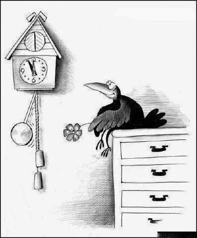 dibujo de un pájaro enamorado que espera al que salga el cucó del reloj