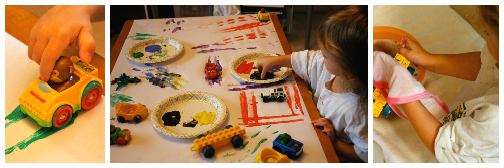 Collage, weekly home preschool transportation, painting with cars Collage, weekly home preschool transportation, painting with cars