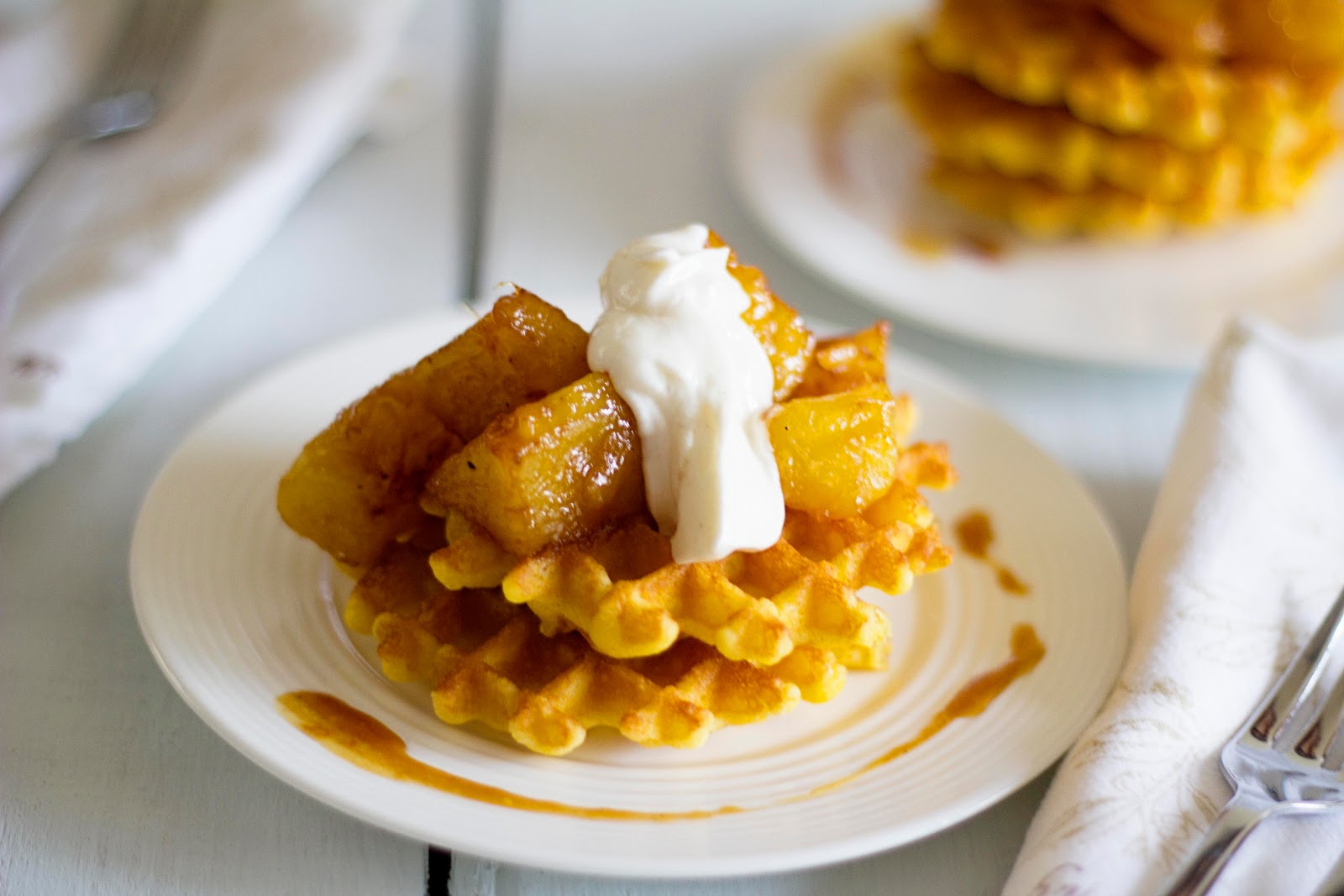 eat pray bake Waffles With Spiced Honey Glazed Pineapple