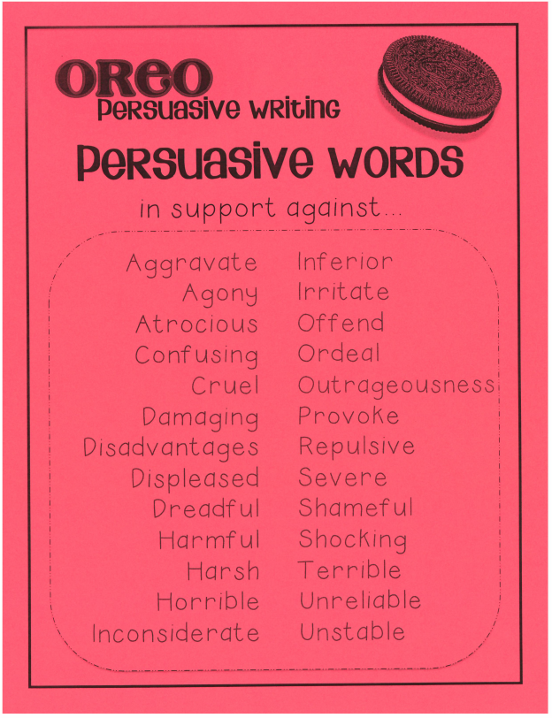 http://www.teacherspayteachers.com/Product/Persuasive-OREO-Writing-PosterGraphic-OrganizerPrompts-195864