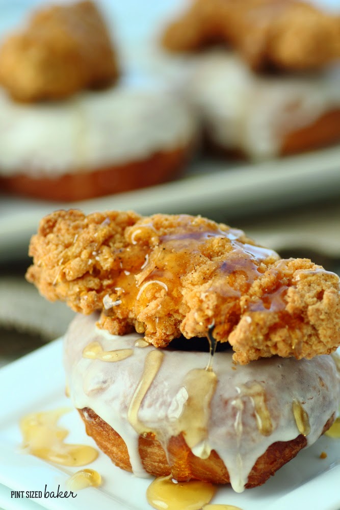 Ooey Gooey Honey dripping off a chicken strip on top of a maple glazed doughnut. Yep, I know what my next meal is!
