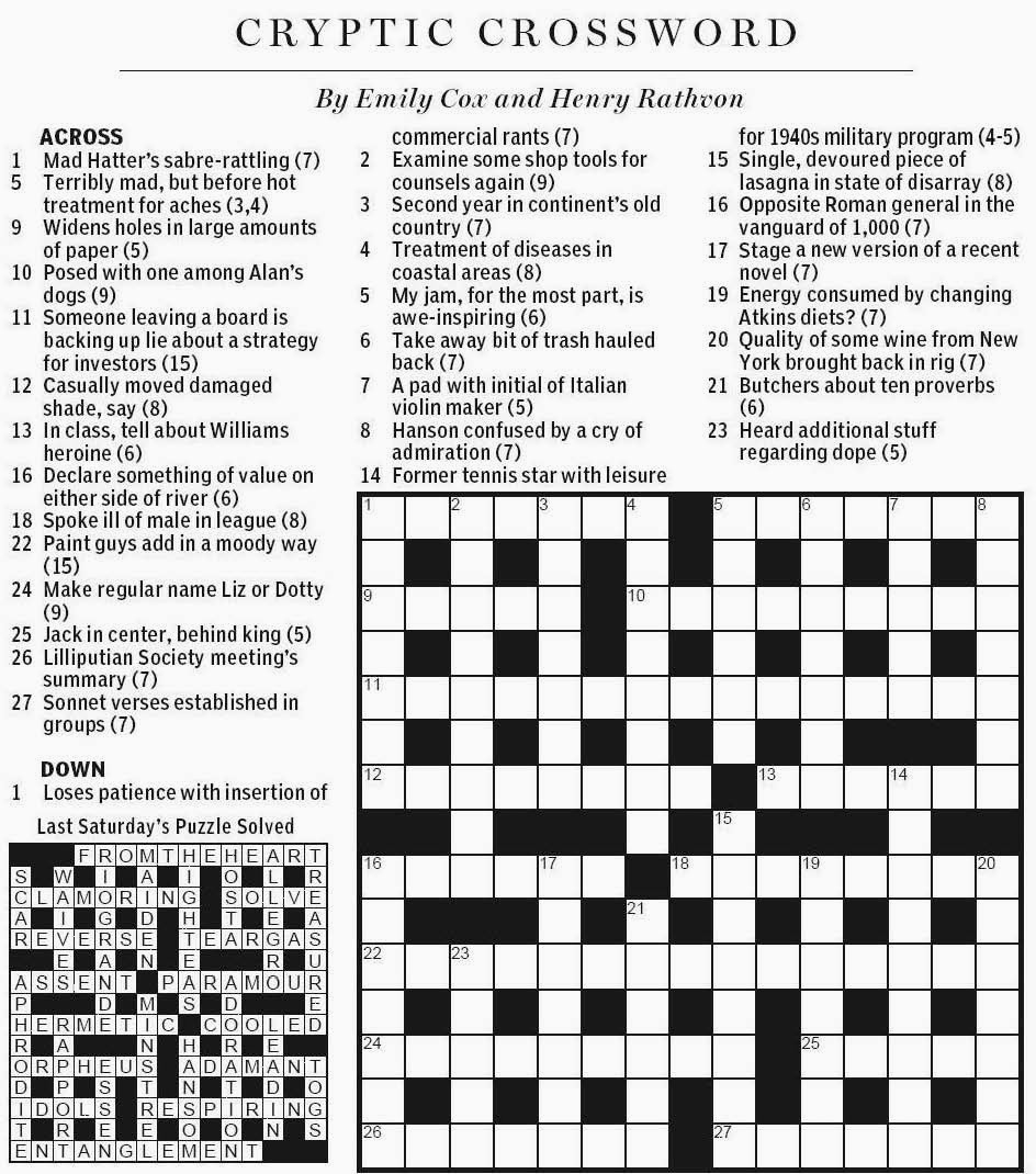 National Post Cryptic Crossword Forum Saturday February 22 2014 In The Mood For Variety