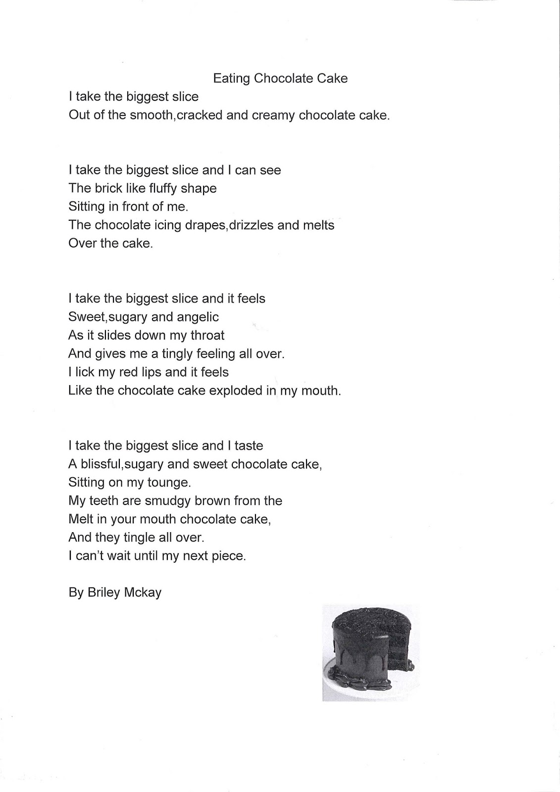 Makarewa School Room One Poems on Chocolate Cake