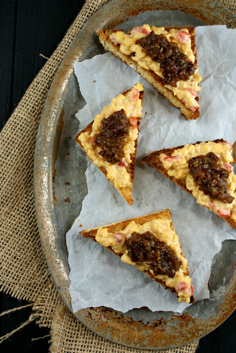 Authentic Suburban Gourmet Pimento Cheese and Bacon Jam Toast Points