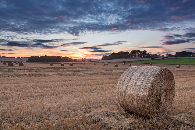Hay bales at sunset in the warm Oxfordshire Cotswold landscape by Martyn Ferry Photography