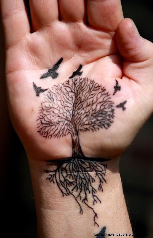 Black ink tree with roots and birds tattoo Black ink tree with roots and birds tattoo