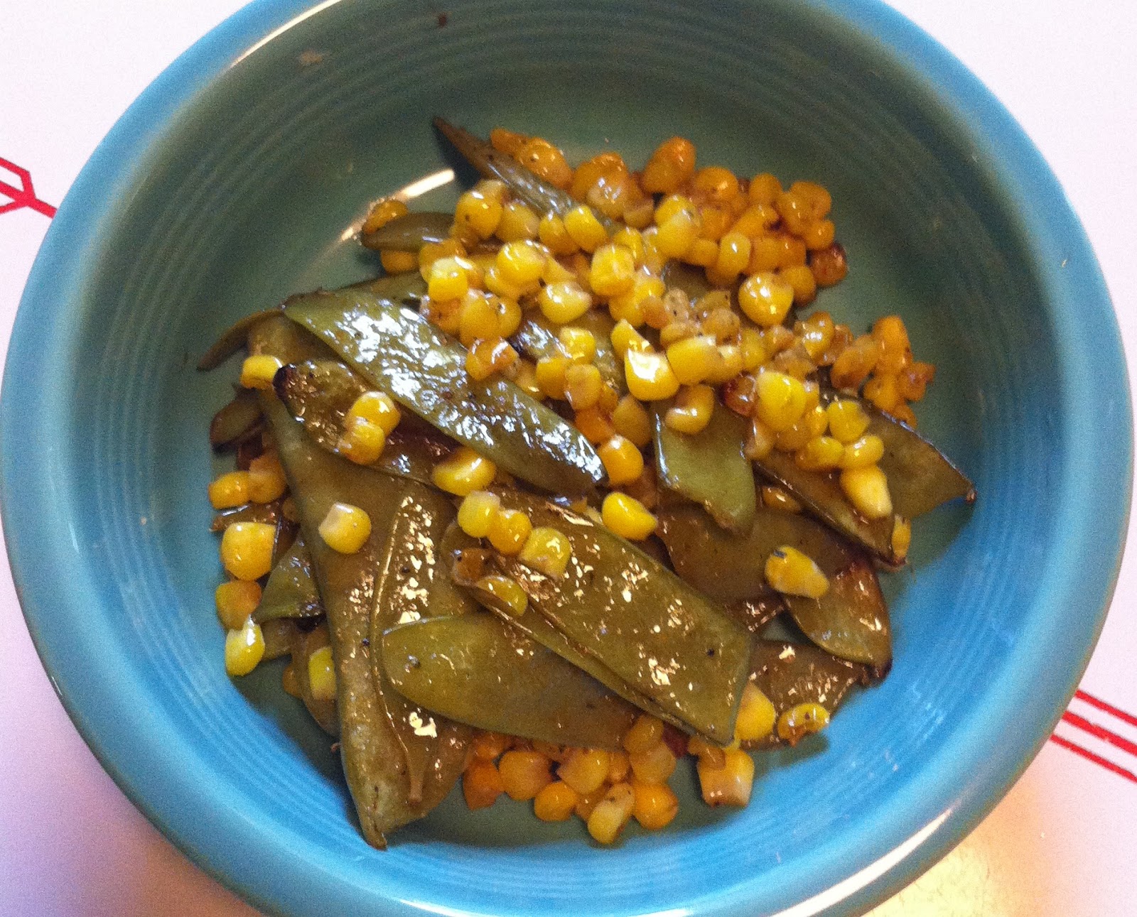 Marla, Plain and Small Roasted Snow Peas and Corn