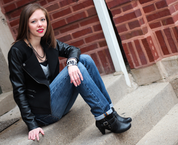 Leather Sleeved Jacket, Sweater, Jeans | StyleSidebar