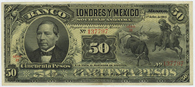 Mexican banknotes paper money 50 Pesos banknote bill Banco de Londres y Mexico