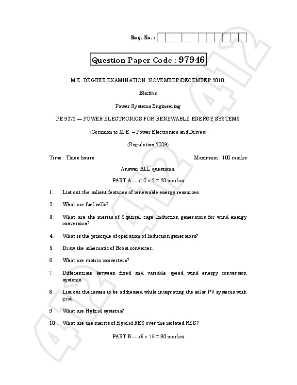 ME POWER SYSTEMS ENGINEERING PE 9272 POWER ELECTRONICS FOR RENEWABLE ENERGY SYSTEMS ANNA