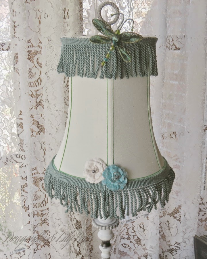 After, Lamp, Chalk paint, White, Green Stripes, Dragonfly,Blue Fringe, Flowers, 