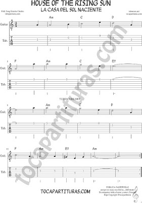 Tubescore House of the Rising Sun Tab Sheet Music for Guitar OST