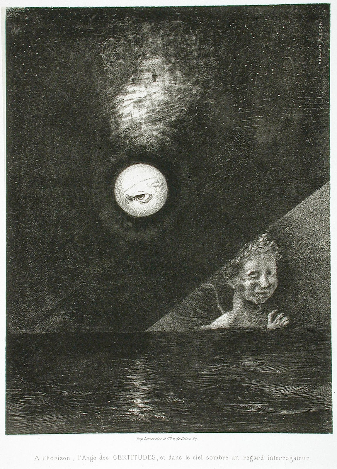 En el horizonte, el ángel de la certeza, y en el cielo oscuro, una mirada inquisitiva À l'horizon, l'Ange des certitudes, et, dans le ciel sombre, un regard interrogateur