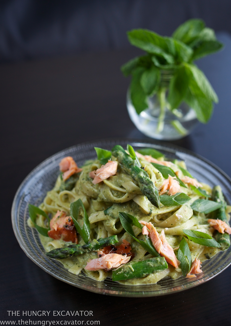 The Hungry Excavator Asparagus, Pea & Mint Fettuccine with Smoked Trout