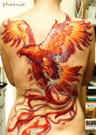 full back phoenix tattoo design with very vivid color