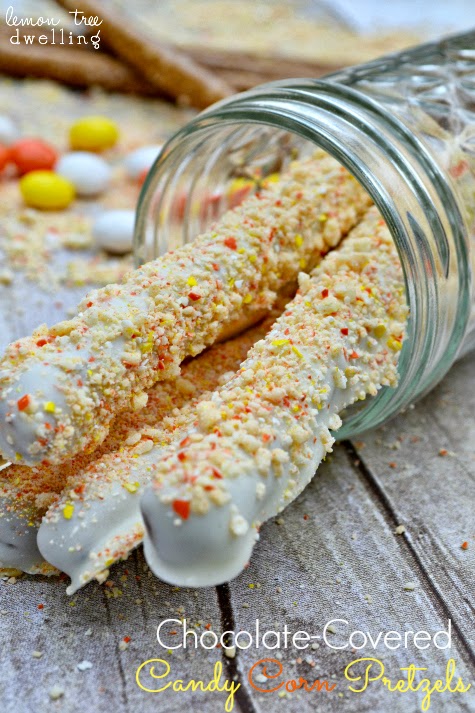 Chocolate Covered Candy Corn Pretzels by Lemon Tree Dwelling