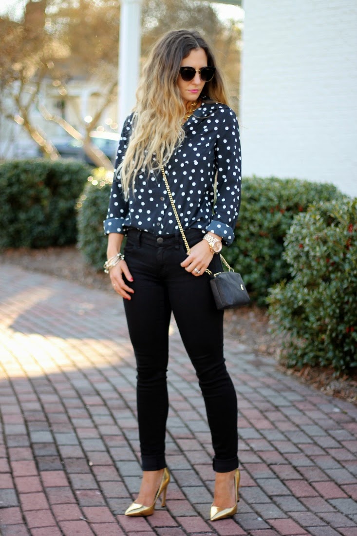Navy and Black outfit with gold shoes