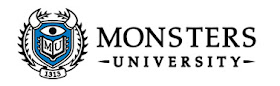 Logo of Monster University showing a one eyed horned monster.  
