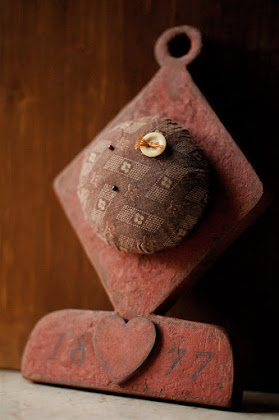 Hanging Pincushion in Bittersweet Red with Antique Fabric