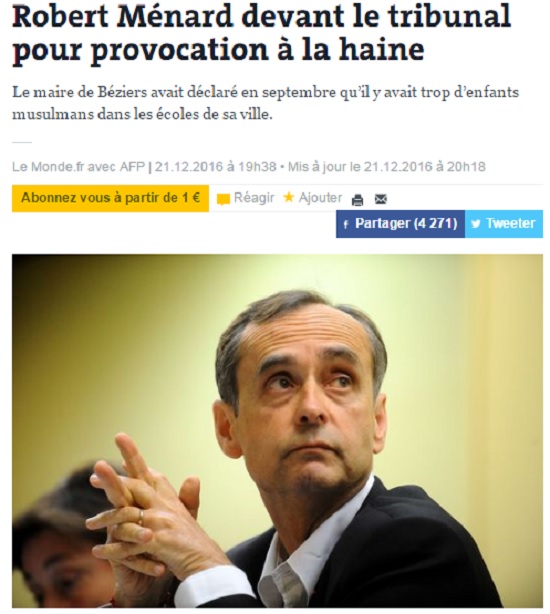 法國南部城市貝西亞市長梅納近期發言指市內穆斯林學童太多,遭反種族歧視組織告發,將因涉嫌挑起仇恨而接受調查和審判。 法國南部城市貝西亞市長梅納近期發言指市內穆斯林學童太多,遭反種族歧視組織告發,將因涉嫌挑起仇恨而接受調查和審判。