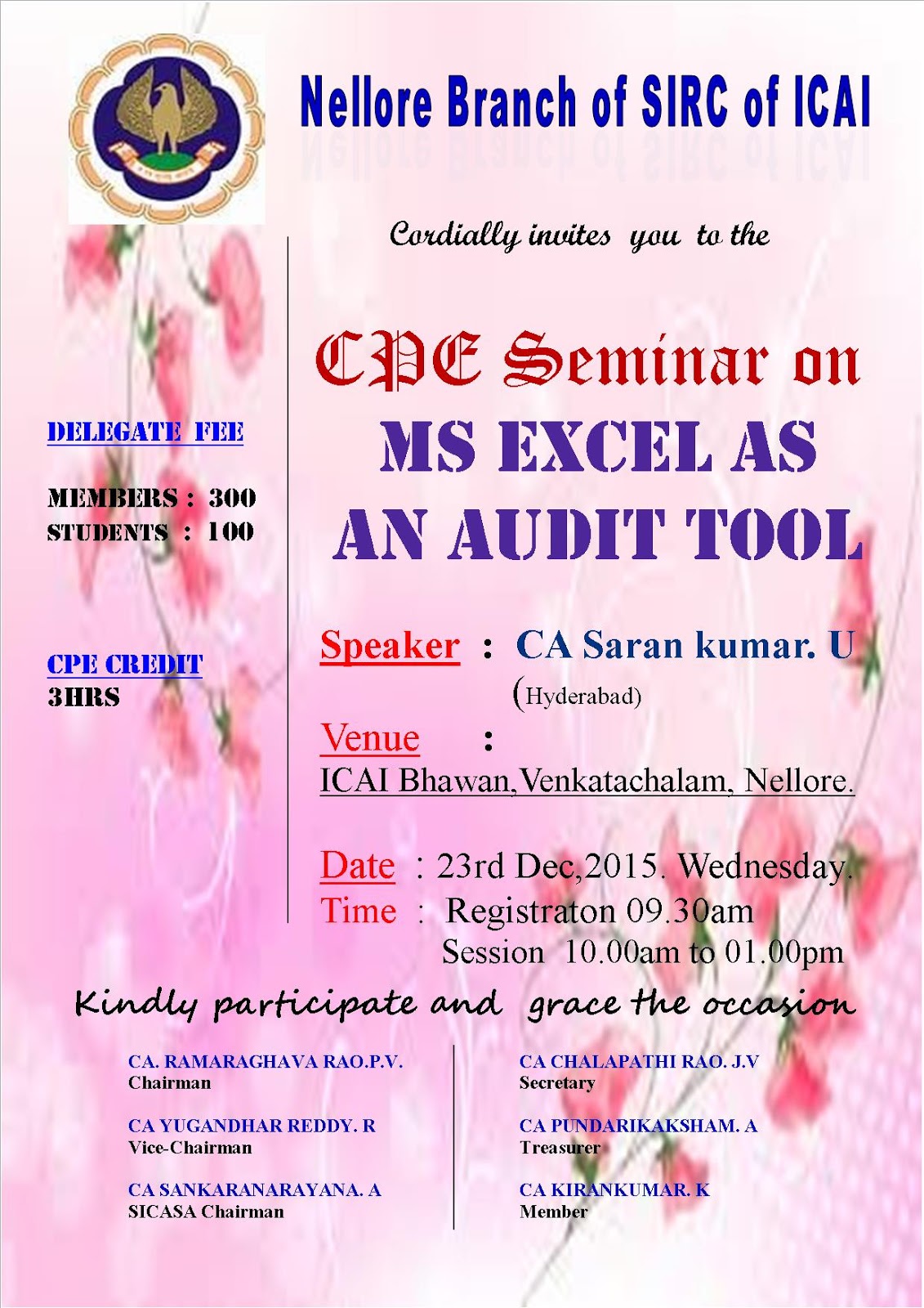 Ca S And Ca Students Nellore Cpe Seminar On Ms Excel As An Audit Tool On 23 12 15 Wednesday At Icai Bhawan Nellore