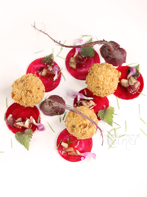 Almond Corner Beet salad and crispy fried goat's milk cream cheese