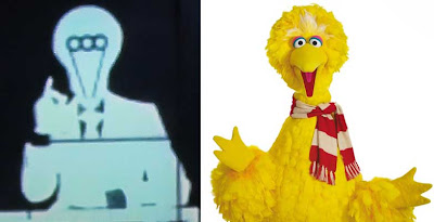 Humanoid with odd head juxtaposed with Big Bird, which looks the same