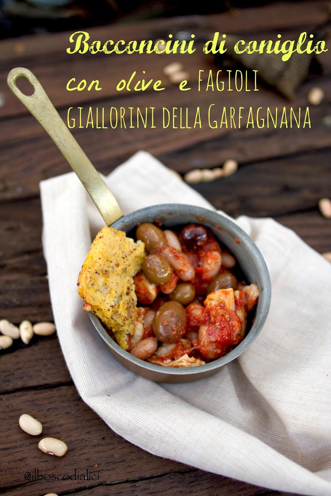 Spezzatino della Diva: bocconcini di coniglio con olive e fagioli giallorini della Garfagnana 