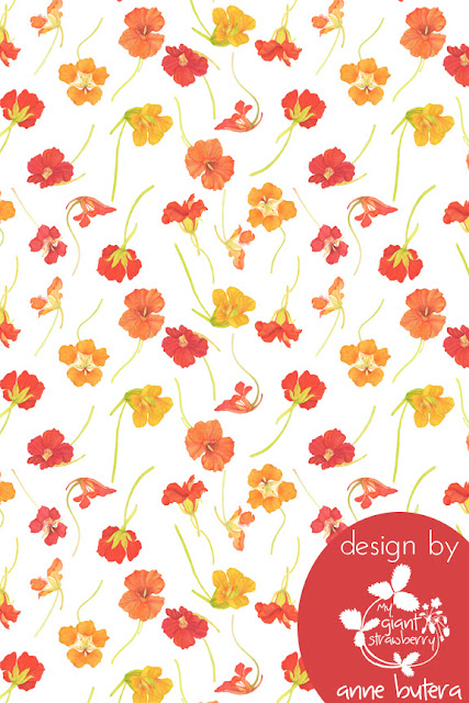 repeat patterns, fabric design, watercolor patterns, nasturtiums, watercolor nasturtiums, Anne Butera, My Giant Strawberry
