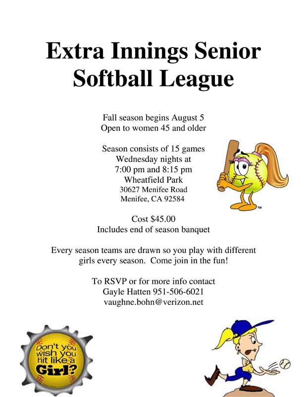 Registration Open for Senior Women's Softball League Menifee 24/7